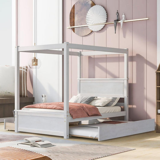 Wood Canopy Bed with Trundle Bed and two Drawers, Full Size Canopy Platform bed With Support Slats .No Box Spring Needed, Brushed White