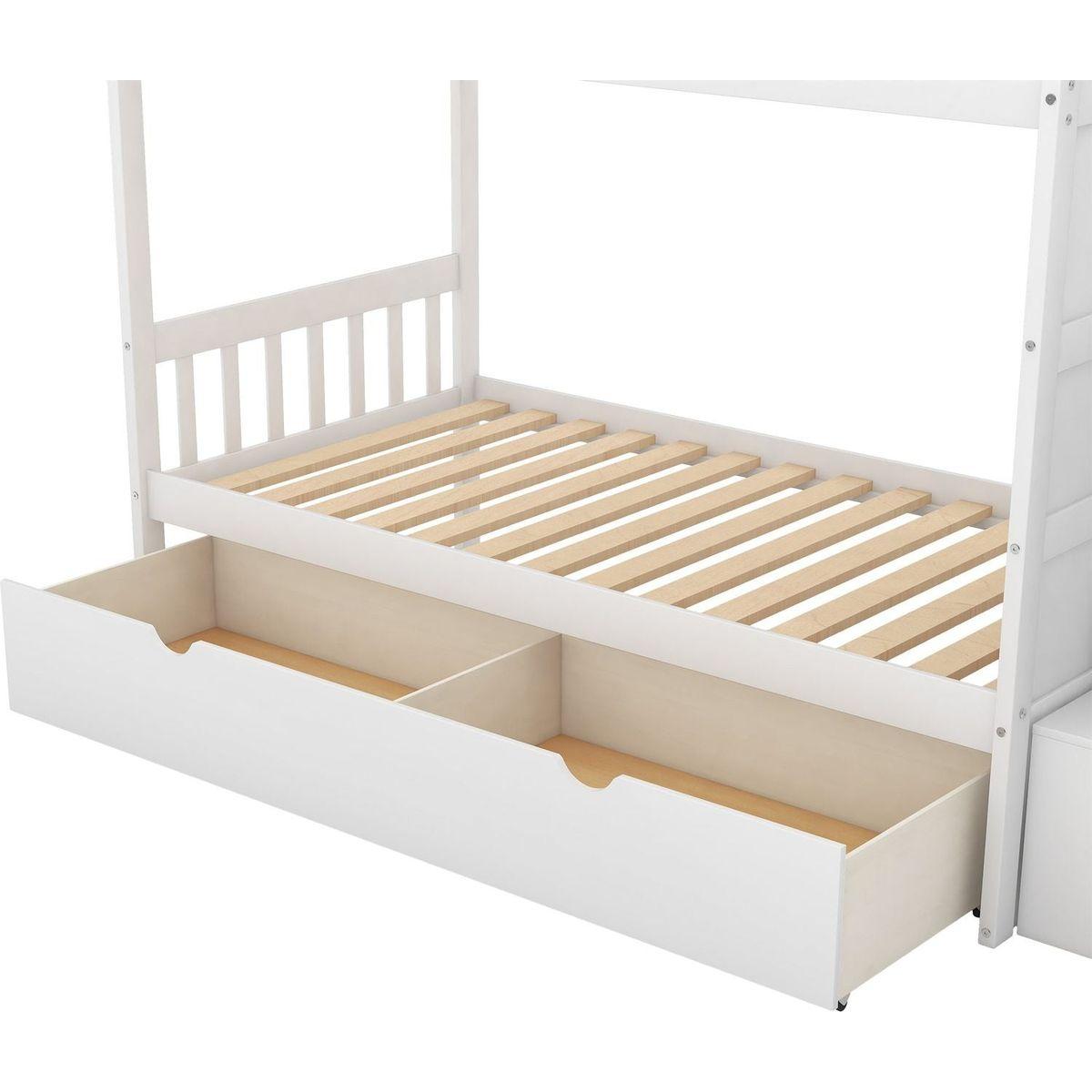 Twin over Full/Twin Bunk Bed, Convertible Bottom Bed, Storage Shelves and Drawers, White