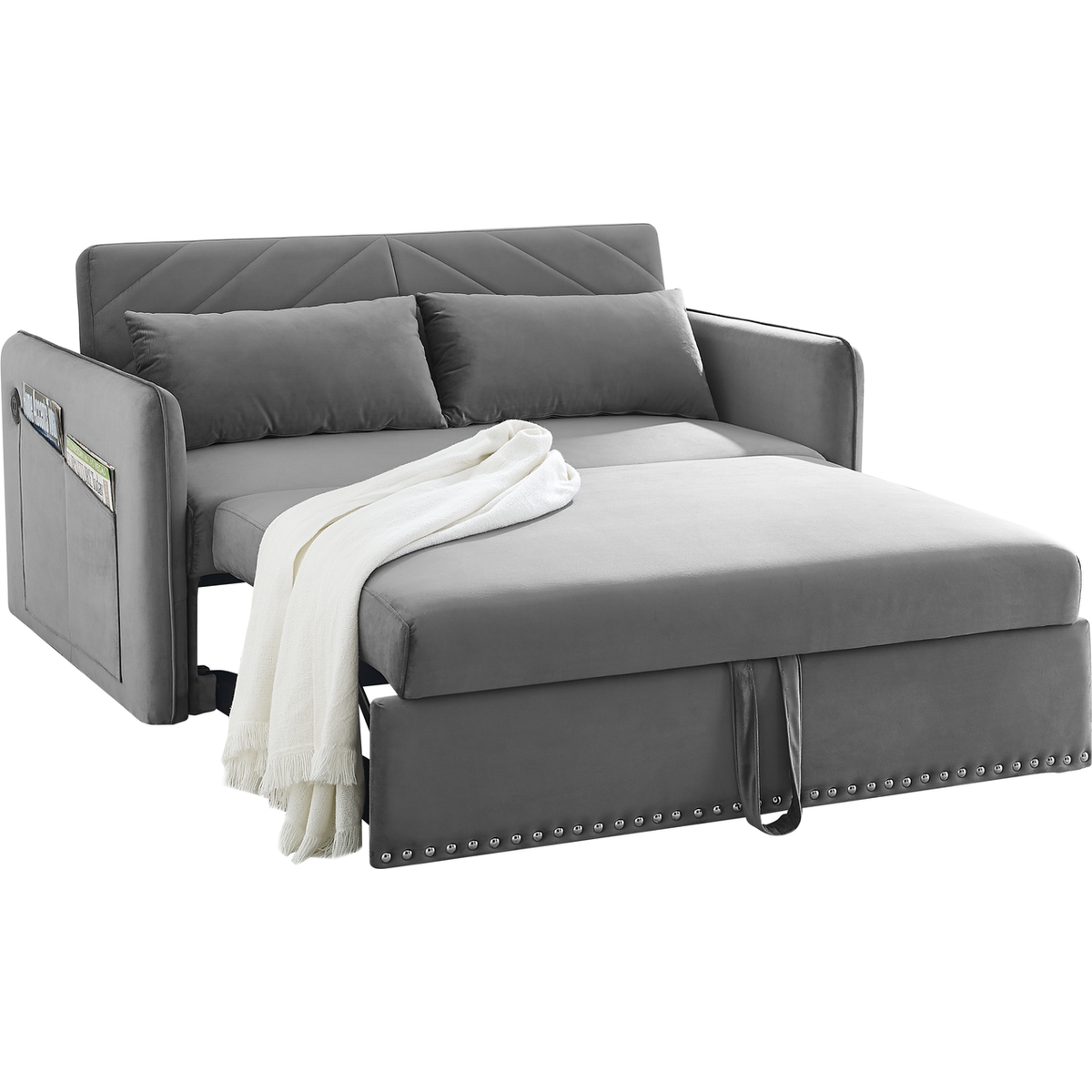 Pull-out sofa sleeper, 3-in-1 adjustable sleeper with pull-out bed, 2 lumbar pillows and side pocket, soft velvet convertible sleeper sofa bed, suitable for living room bedroom.