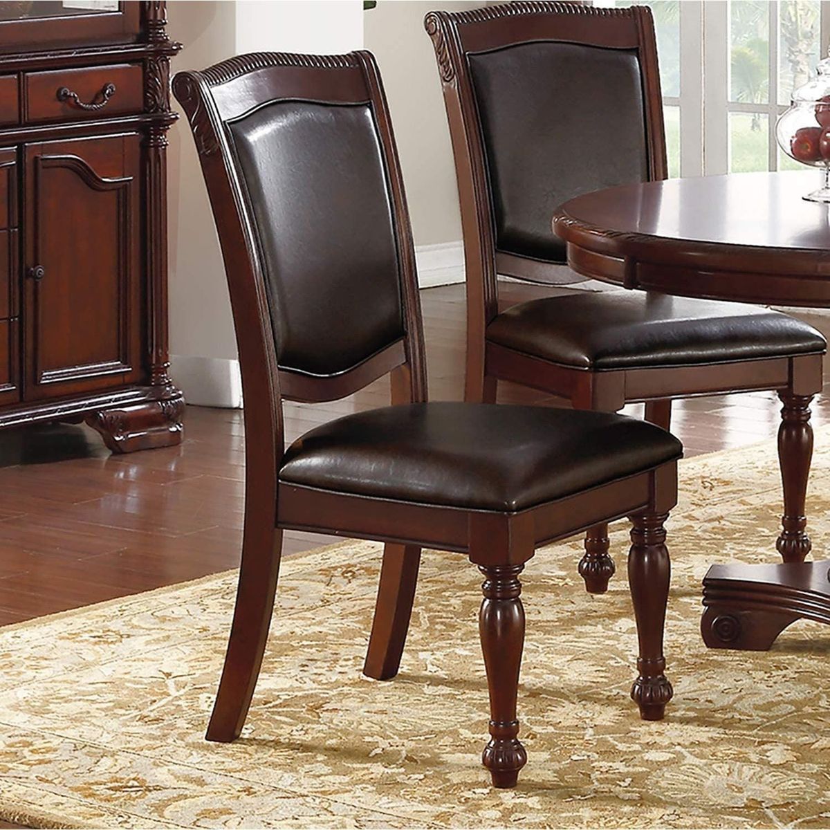 Gorgeous Formal Set of 2 Side Chairs Brown Color Rubberwood Dining Room Furniture Faux Leather Upholstered Seat