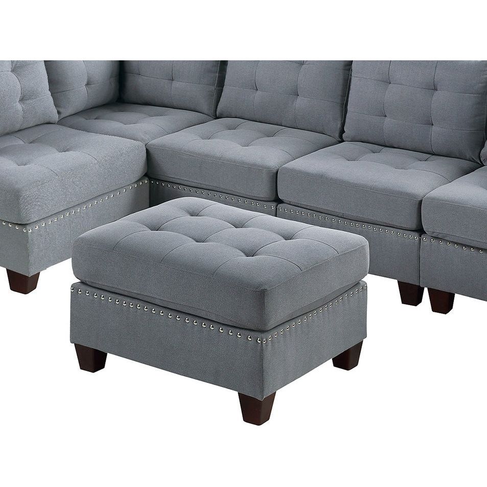 Contemporary Modular Sectional 6pc Set Living Room Furniture Corner Sectional Gray Linen Like Fabric Tufted Nail heads 2x Corner Wedge 3x Armless Chair and 1x Ottoman