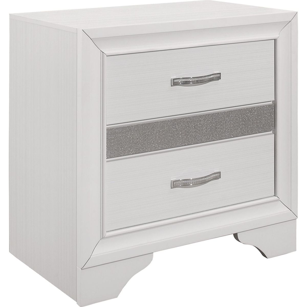 Glamorous Bedroom Furniture 1pc Nightstand of Drawers with Hidden Felt-Lined Jewelry Drawer White Finish and Silver Glitter