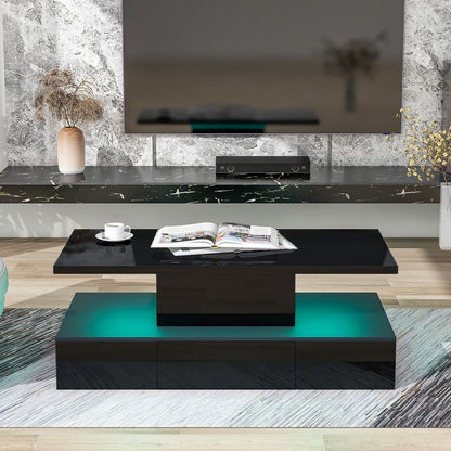 Modern Glossy Coffee Table With Drawer, 2-Tier Rectangle Center Table with Plug-in 16 colors LED lighting for Living room, 39.3" x19.6" x15.3"