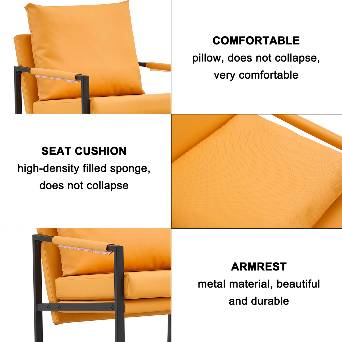 PU Leather Accent Arm Chair Mid Century Upholstered Armchair with Metal Frame Extra-Thick Padded Backrest and Seat Cushion Sofa Chairs for Living Room (orange PU Leather + Metal Frame + Foam)SF-008