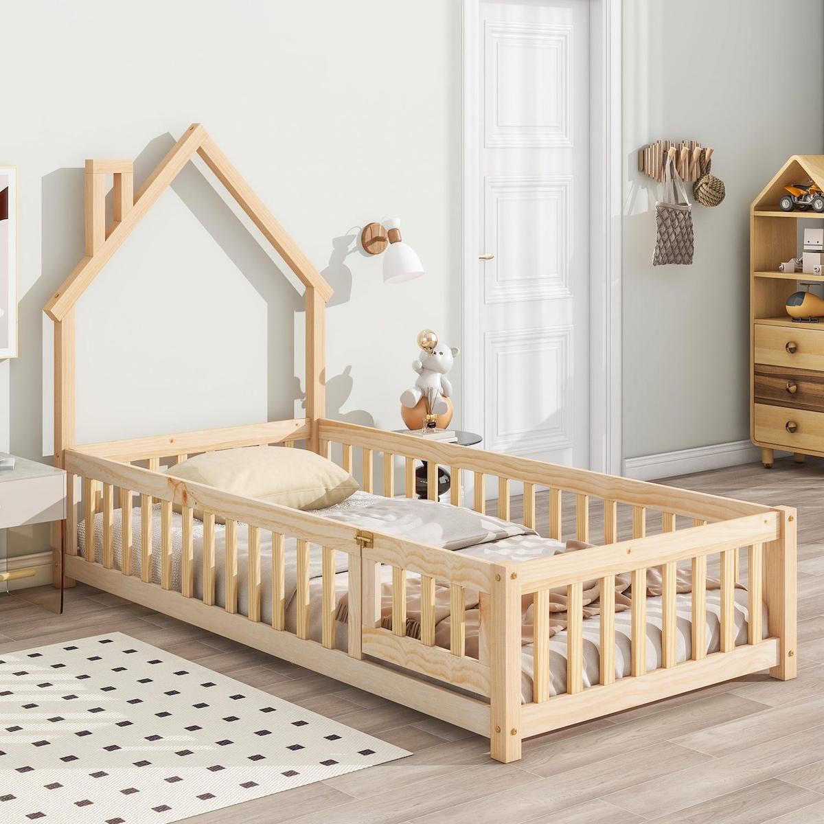 Twin House-Shaped Headboard Floor Bed with Fence ,Natural
