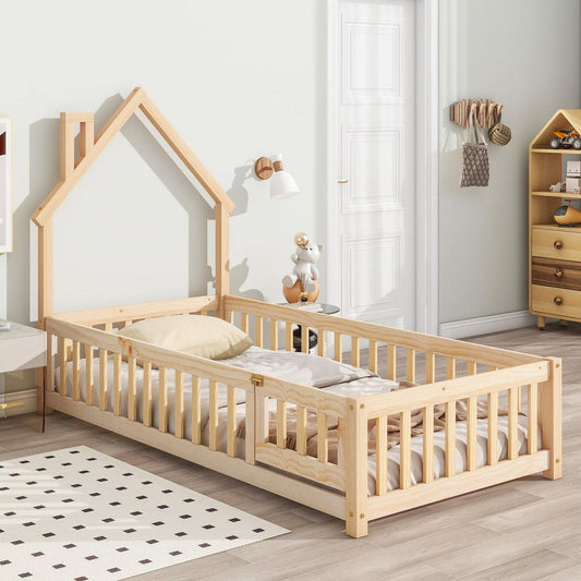 Twin House-Shaped Headboard Floor Bed with Fence ,Natural