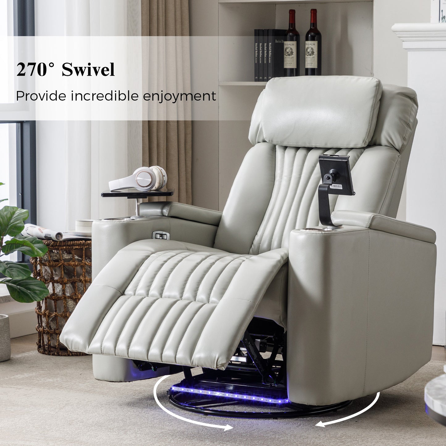 270 Power Swivel Recliner,Home Theater Seating With Hidden Arm Storage and LED Light Strip,Cup Holder,360 Swivel Tray Table,and Cell Phone Holder,Soft Living Room Chair,Grey