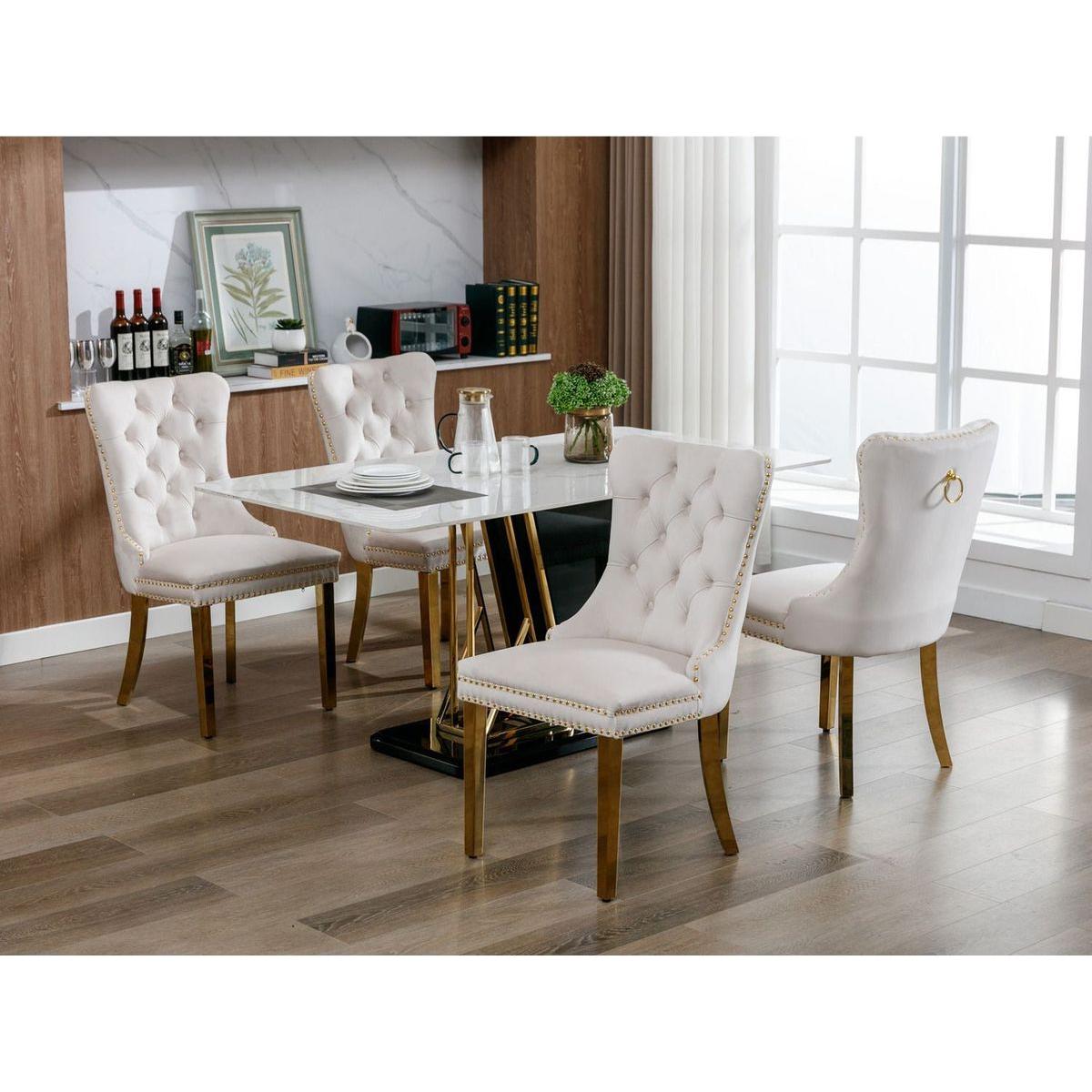 Nikki Collection Modern, High-end Tufted Solid Wood Contemporary Velvet Upholstered Dining Chair with Golden Stainless Steel Plating Legs,Nailhead Trim,Set of 2,Beige and Gold