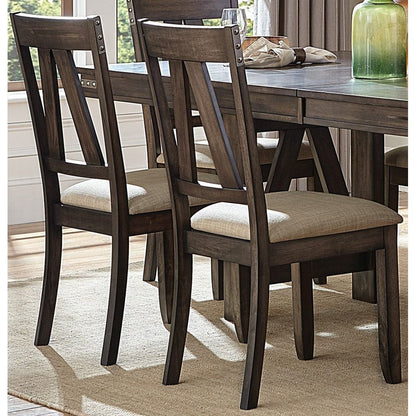 Brown Finish Side Chairs Set of 2pc Metal Banded Rivets Cotton Fabric Upholstered Dining Furniture