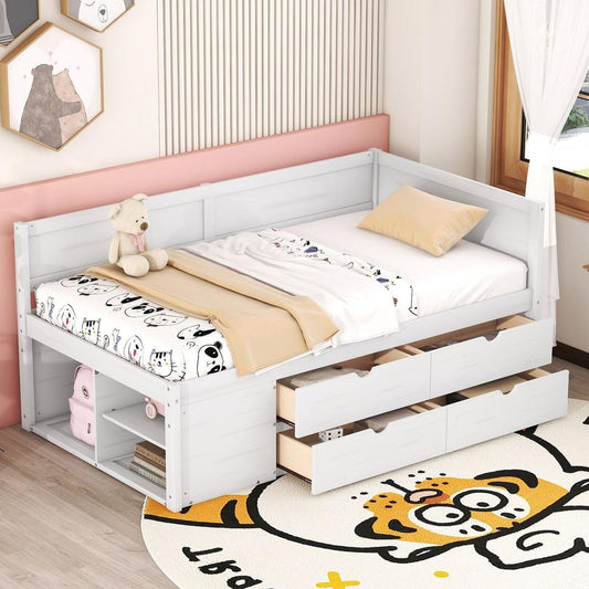 Twin Size Daybed with Drawers and Shelves, White