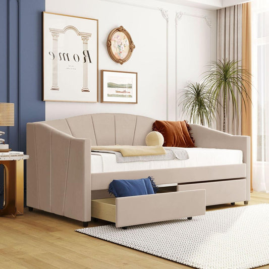 Upholstered daybed Twin Size with Two Drawers and Wood Slat, Beige