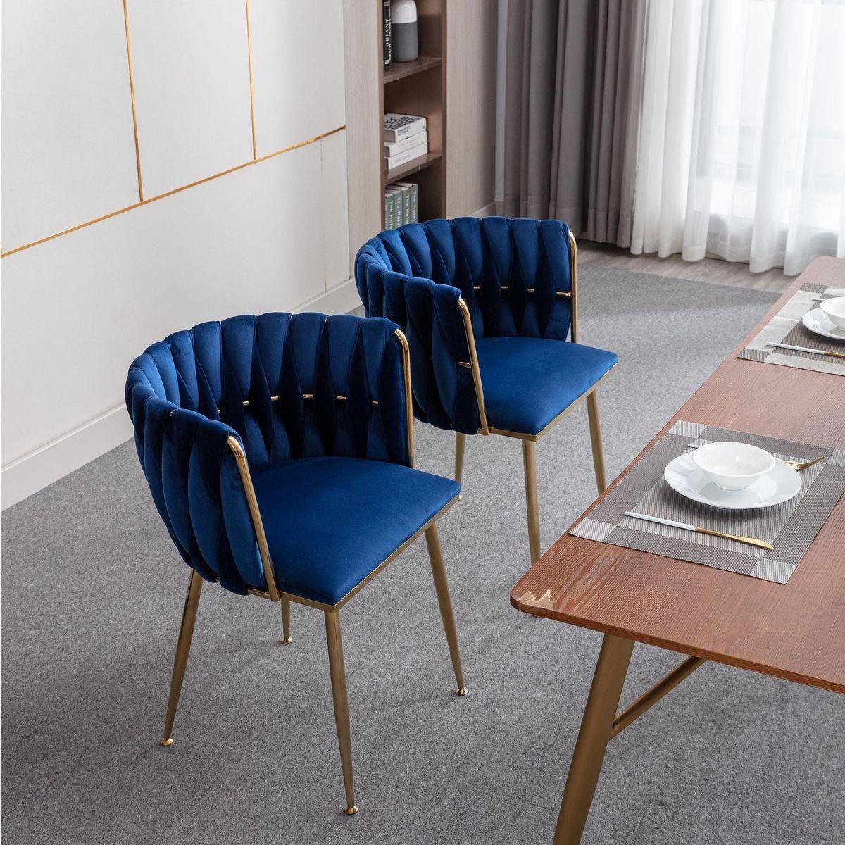 Modern Design Golden Metal Frame Velvet Fabric Dining Chair with Golden Legs,Set of 2,Navy