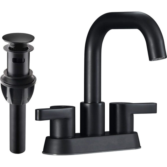 Bathroom Faucet 2 Handle 4 Inch Centerset Bathroom Sink Faucets 3 Hole with Pop Up Drain and Water Supply Lines, Matte Black