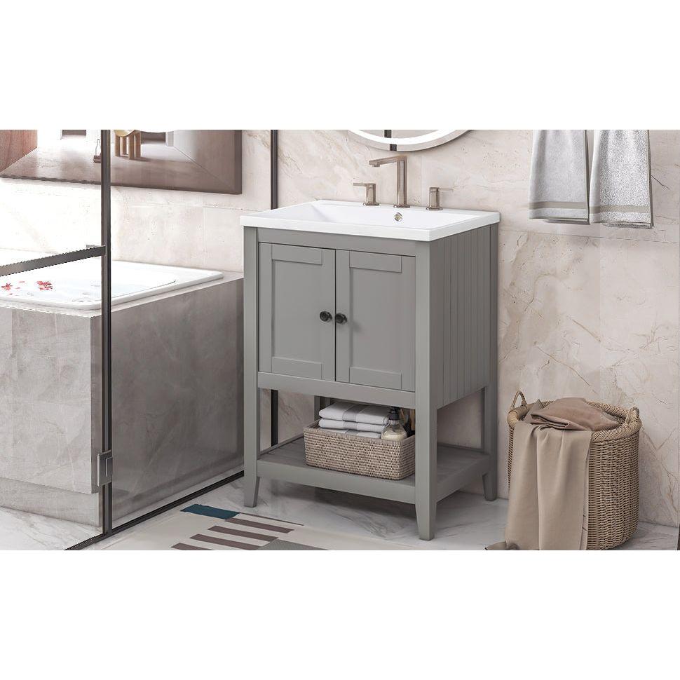 24" Grey Modern Sleek Bathroom Vanity Elegant Ceramic Sink with Solid Wood Frame Open Style Shelf