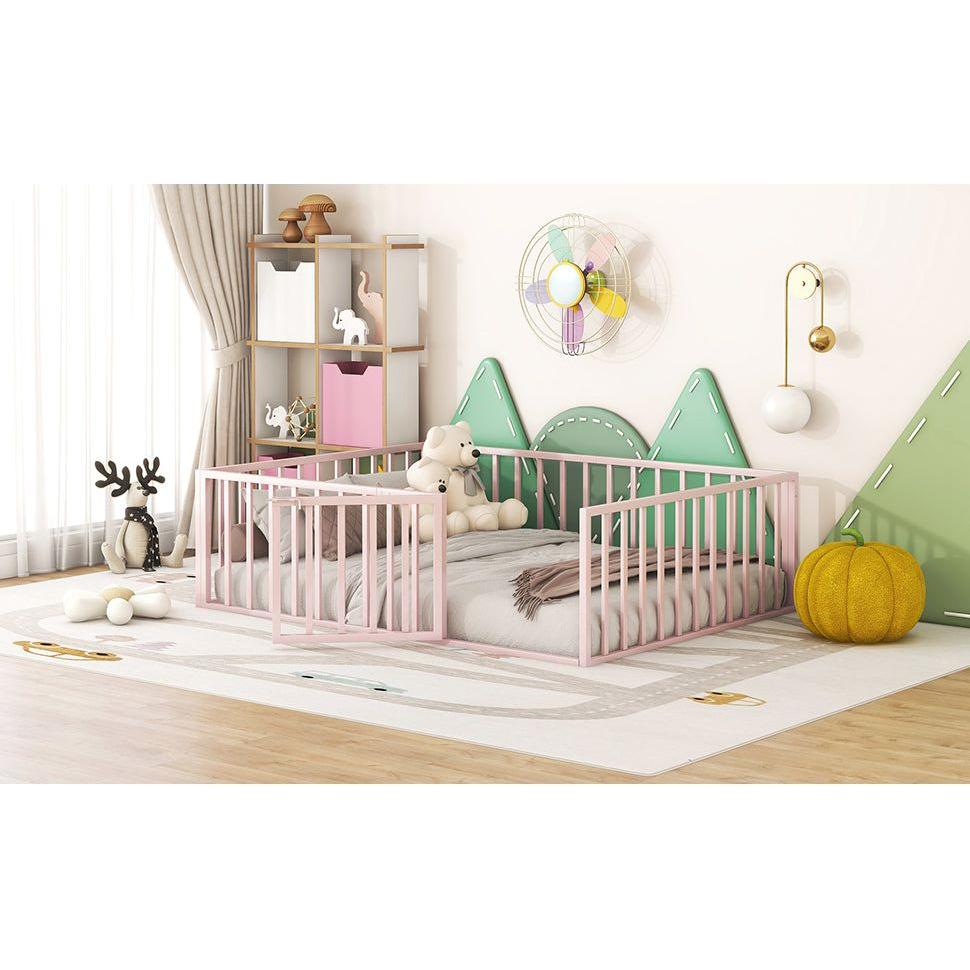 Full Size Metal Floor Bed Frame with Fence and Door, Pink