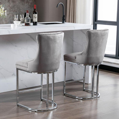 26" Counter Height Bar Stools Set of 2, Modern Velvet Barstools with Button Back&Rivet Trim Upholstered Kitchen Island Chairs with Sturdy Chromed Metal Base Legs Farmhouse Bar Stools, (Gray, 2 Pack)