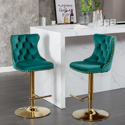Golden Swivel Velvet Barstools Adjusatble Seat Height from 25-33 Inch, Modern Upholstered Bar Stools with Backs Comfortable Tufted for Home Pub and Kitchen IslandGreen, Set of 2)