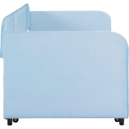 Upholstered Daybed Sofa Bed Twin Size With Trundle Bed and Wood Slat, Light Blue