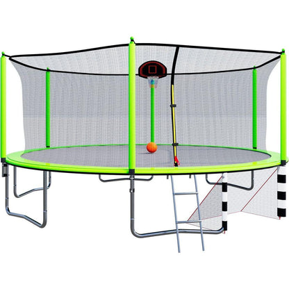 16FT Trampoline with Basketball Hoop pump and Ladder(Inner Safety Enclosure) with soccer goal Green