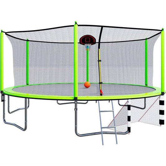 16FT Trampoline with Basketball Hoop pump and Ladder(Inner Safety Enclosure) with soccer goal Green