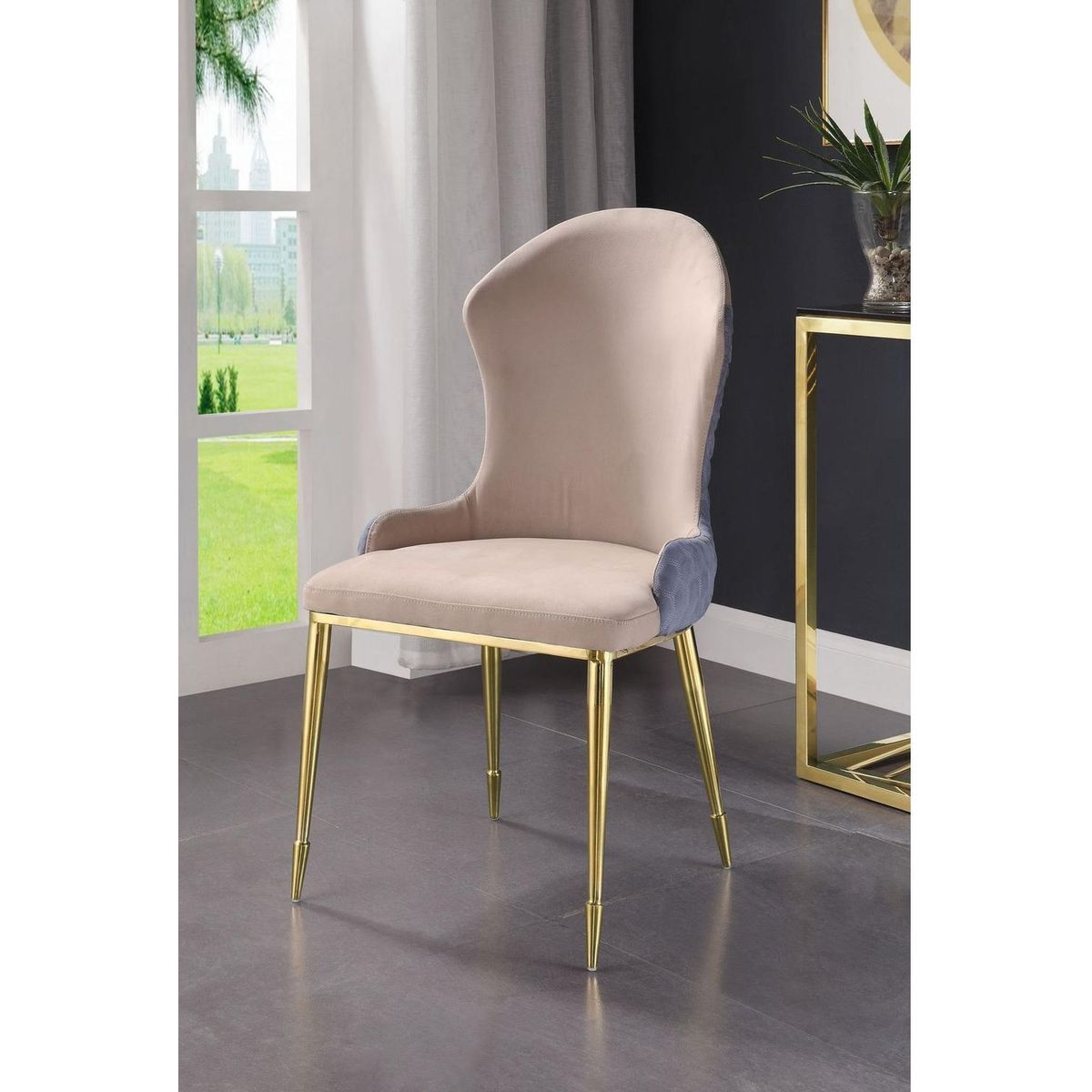 Caolan Side Chair (Set-2), Tan, Lavender Fabric & Gold