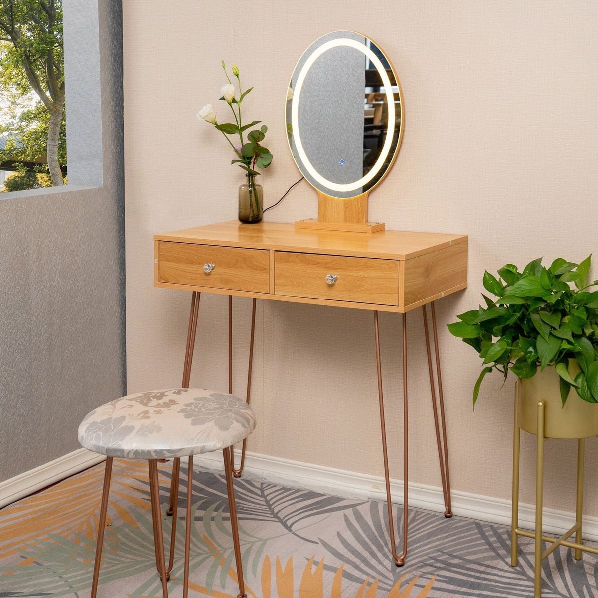 Dressing Table White Vanity Set with 3-Color Dimmable Lighted Mirror Makeup Desk with 2 Drawers and Yellow Padded Stool