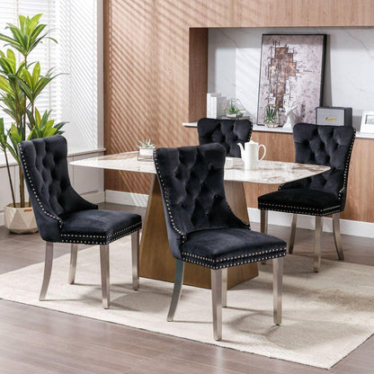 Nikki Collection Modern, High-end Tufted Solid Wood Contemporary Velvet Upholstered Dining Chair with Chrome Stainless Steel Plating Legs, Nailhead Trim, Set of 2, Black and Chrome