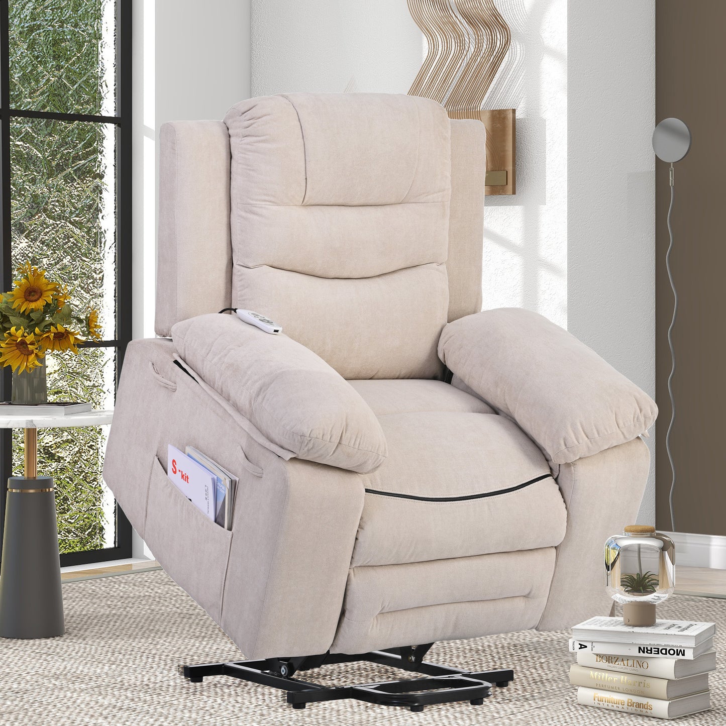 Massage Recliner, Power Lift Chair for Elderly with Adjustable Massage and Heating Function, Recliner Chair with Infinite Position and Side Pocket for Living Room, Beige