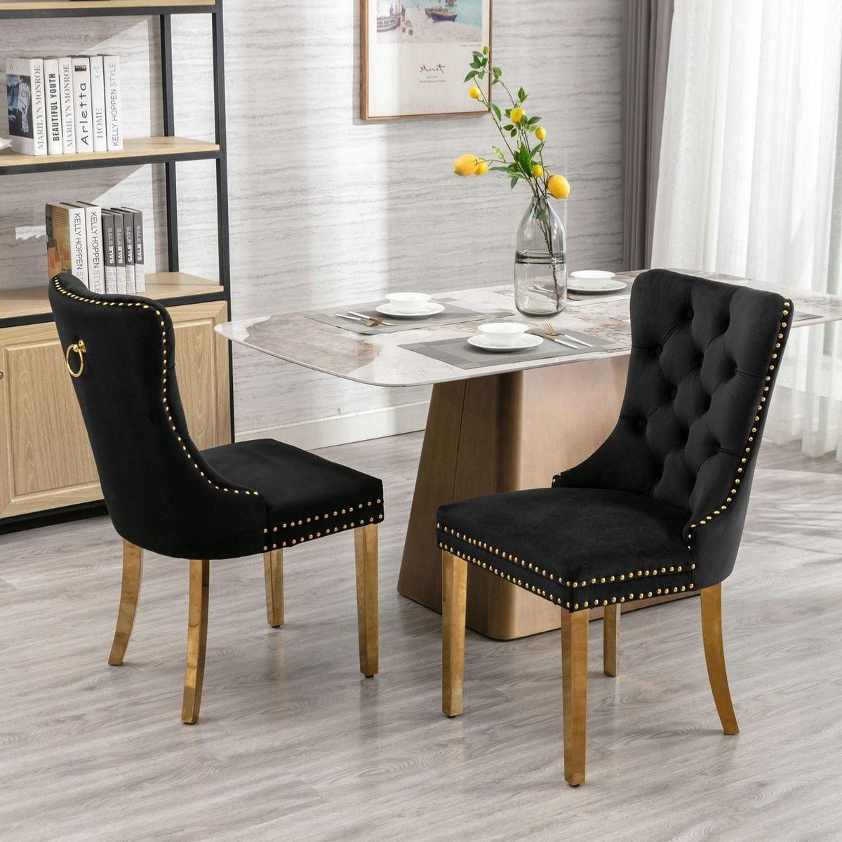 Nikki Collection Modern, High-end Tufted Solid Wood Contemporary Velvet Upholstered Dining Chair with Golden Stainless Steel Plating Legs, Nailhead Trim, Set of 2lack and Gold