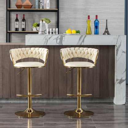 Set of 2 Bar Stools, with Chrome Footrest and Base Swivel Height Adjustable Mechanical Lifting Velvet + Golden Leg Simple Bar Stool-Cream - Streamdale Furniture