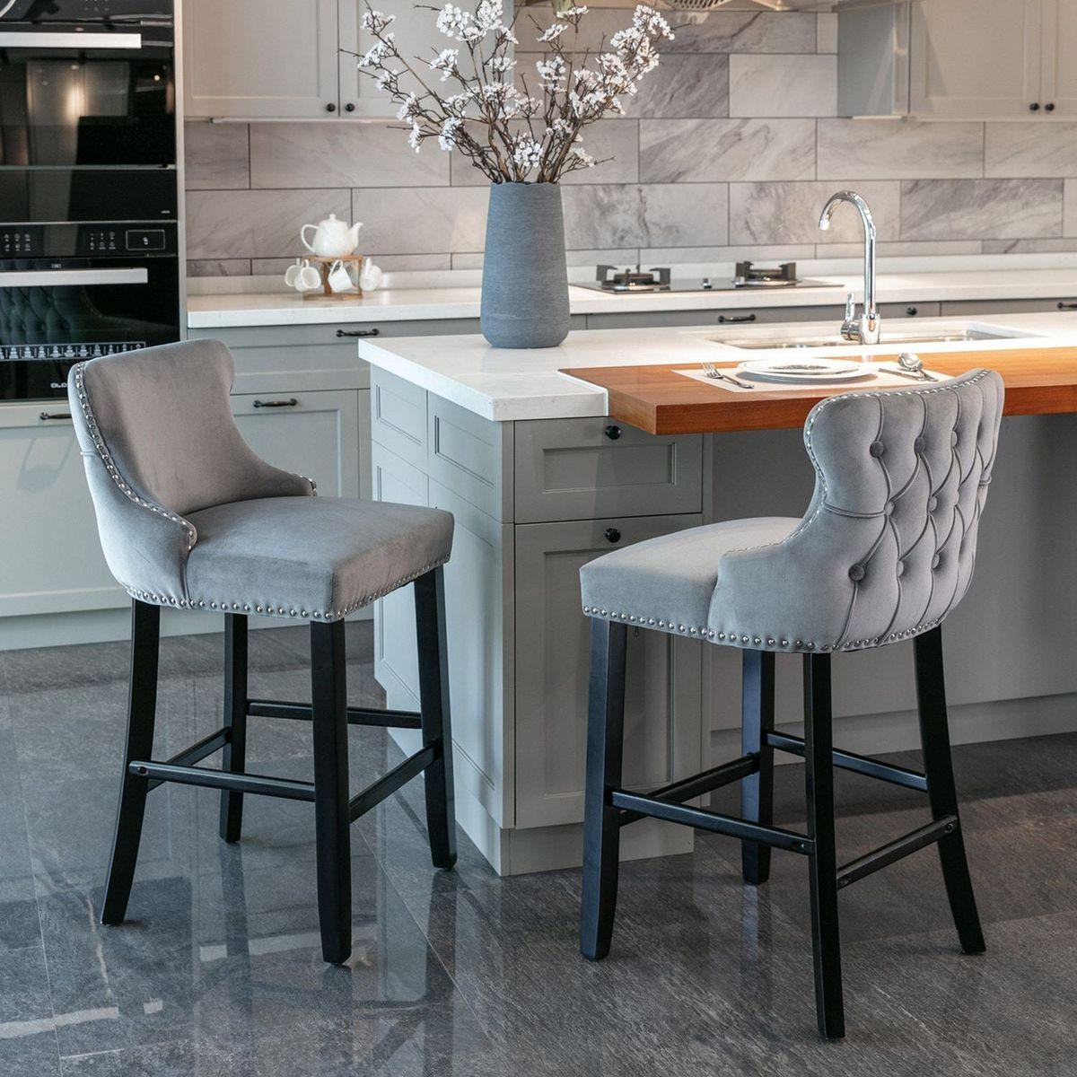 Contemporary Velvet Upholstered Wing-Back Barstools with Button Tufted Decoration and Wooden Legs, and Chrome Nailhead Trim, Leisure Style Bar Chairs, Bar stools, Set of 2 (Gray)