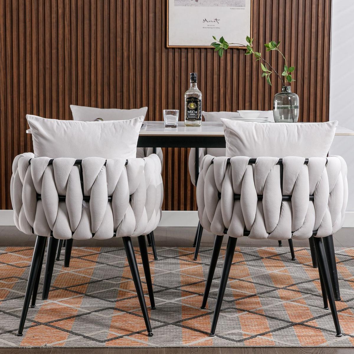 Pure Ivory Modern Velvet Dining Chairs Set of 2 Hand Weaving Accent Chairs Living Room Chairs Upholstered Side Chair with Black Metal Legs for Dining Room Kitchen Vanity Living Room