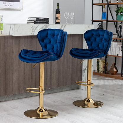 Set of 2 Bar Stools, with Chrome Footrest and Base Swivel Height Adjustable Mechanical Lifting Velvet + Golden Leg Simple Bar - Streamdale Furniture