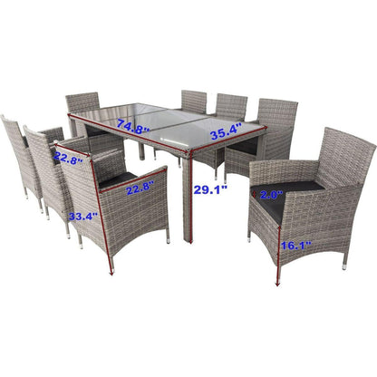 9 piece Outdoor Patio Wicker Dining Set Patio Wicker Furniture Dining Set Glass Top Grey