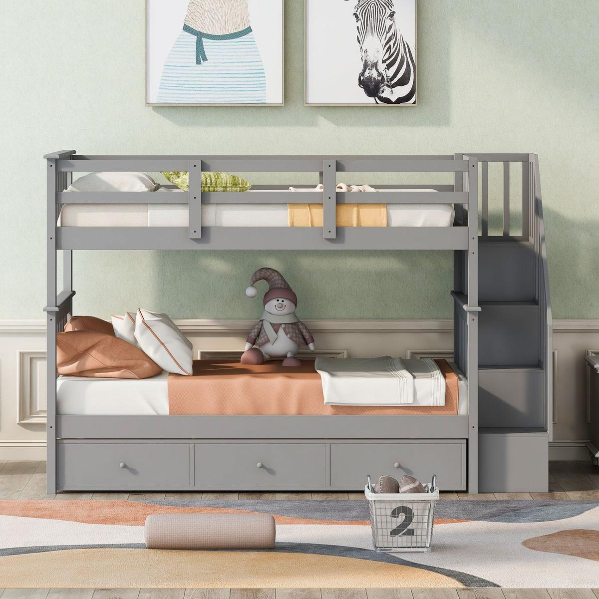 Stairway Twin-Over-Twin Bunk Bed with Three Drawers for Bedroom, Dorm - Gray - Streamdale Furniture