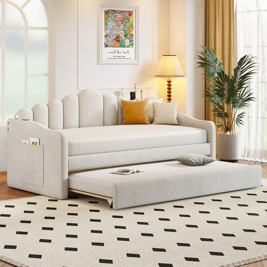 Twin size Upholstered Daybed with Trundle, Velvet Sofabed with USB Charging Ports,No Box-spring Needed,Beige