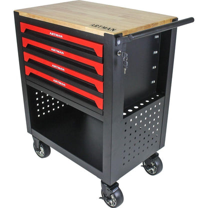 4 DRAWERS MULTIFUNCTIONAL TOOL CART WITH TOOL SET AND WOODEN TOP