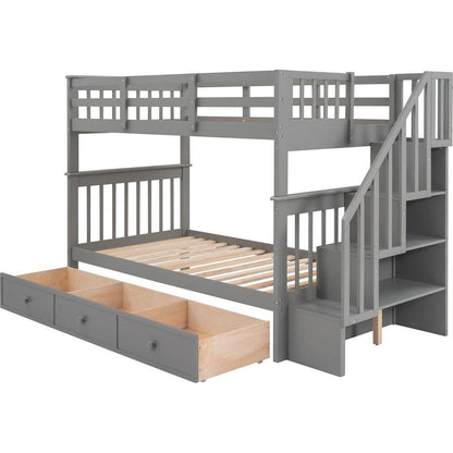 Stairway Twin-Over-Twin Bunk Bed with Three Drawers for Bedroom, Dorm - Gray - Streamdale Furniture