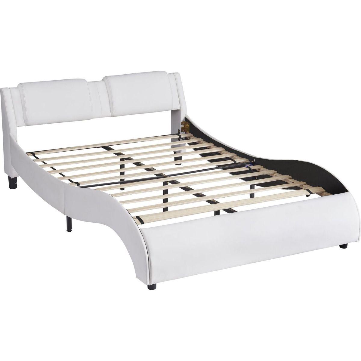 Queen Size Upholstered Faux Leather Platform Bed with LED Light Bed Frame with Slatted - White