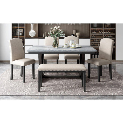 Modern Style 6-piece Dining Table with 4 Chairs & 1 Bench, Table with Marbled Veneers Tabletop and V-shaped Table Legs (White)