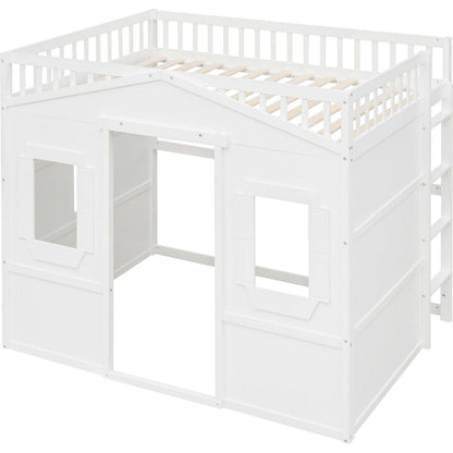 Full Size House Loft Bed With Ladder-White