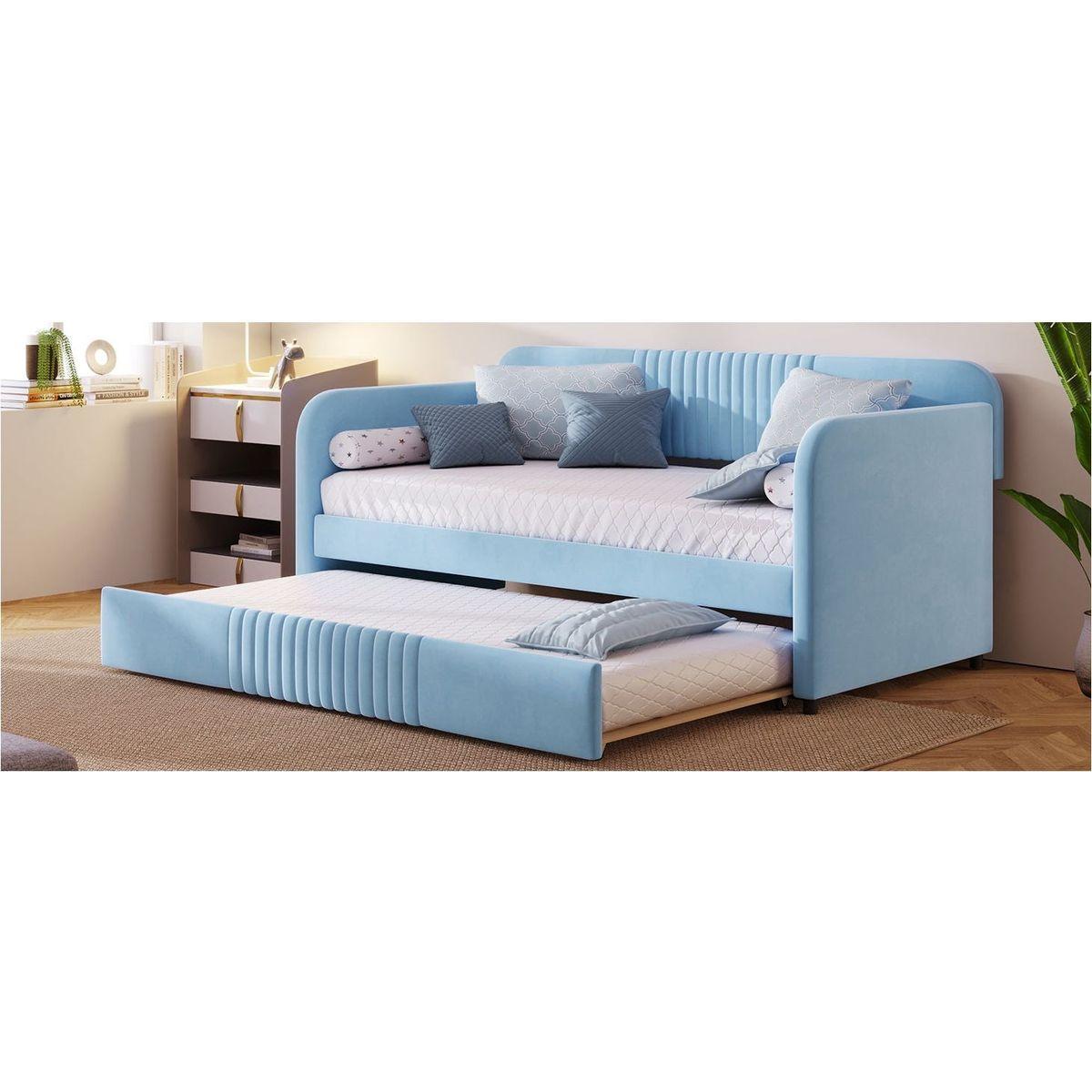 Upholstered Daybed Sofa Bed Twin Size With Trundle Bed and Wood Slat, Light Blue
