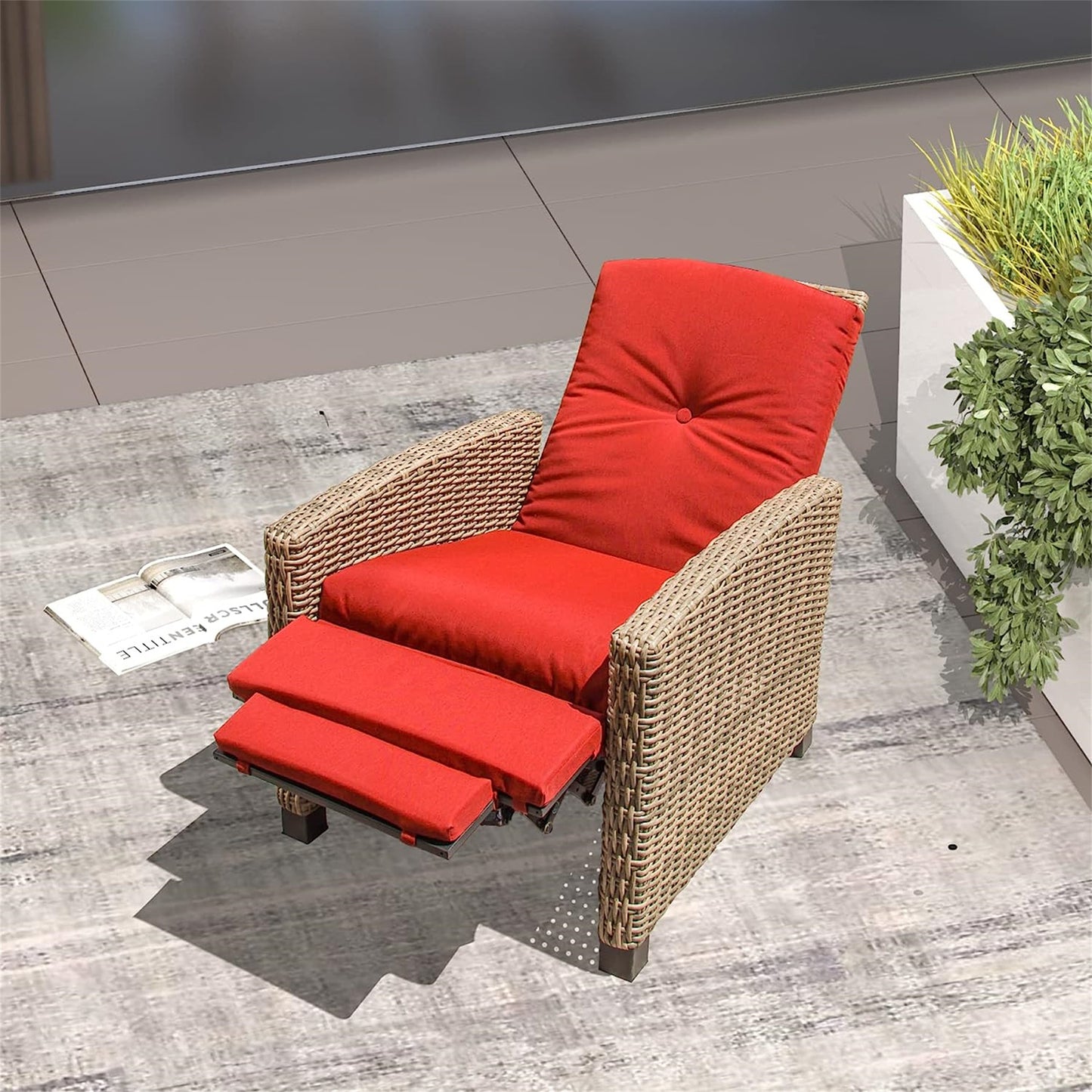 Indoor & Outdoor Recliner, All-Weather Wicker Reclining Patio Chair, Red Cushion (Red, 1 Chair)