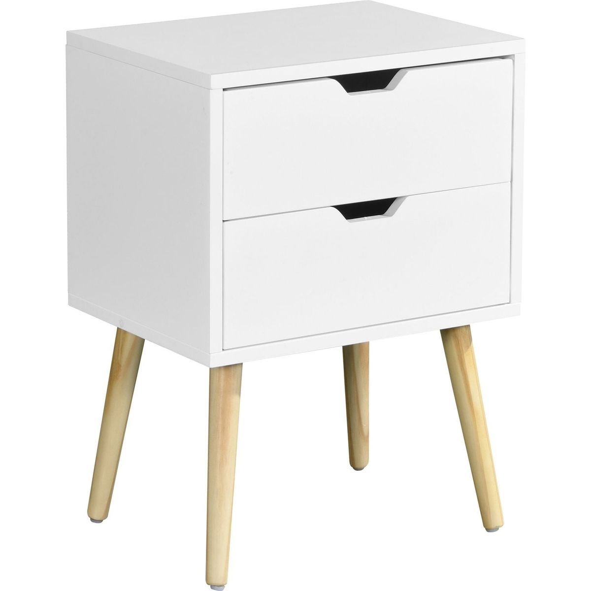 Side Table with 2 Drawer and Rubber Wood Legs, Mid-Century Modern Storage Cabinet for Bedroom Living Room Furniture, White