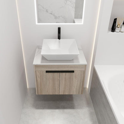 24" Modern Design Float Bathroom Vanity With Ceramic Basin Set, Wall Mounted White Oak Vanity With Soft Close Door, KD-PackingD-Packing Pieces