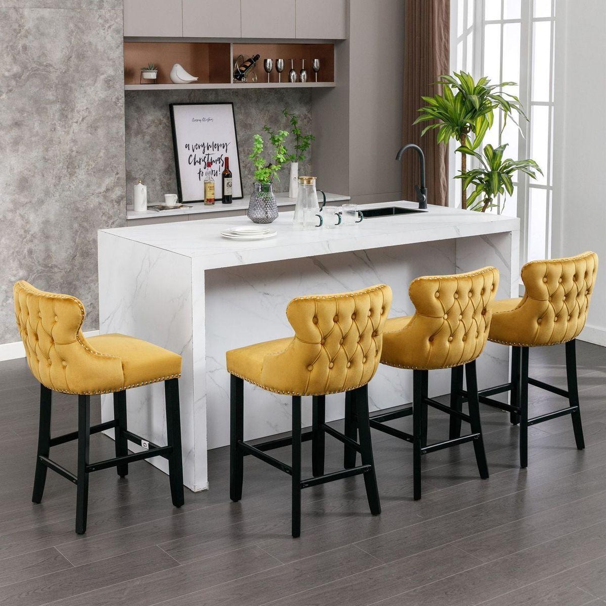 Contemporary Velvet Upholstered Wing-Back Barstools with Button Tufted Decoration and Wooden Legs, and Chrome Nailhead Trim, Leisure Style Bar Chairs, Bar stools, Set of 2 (Gold)