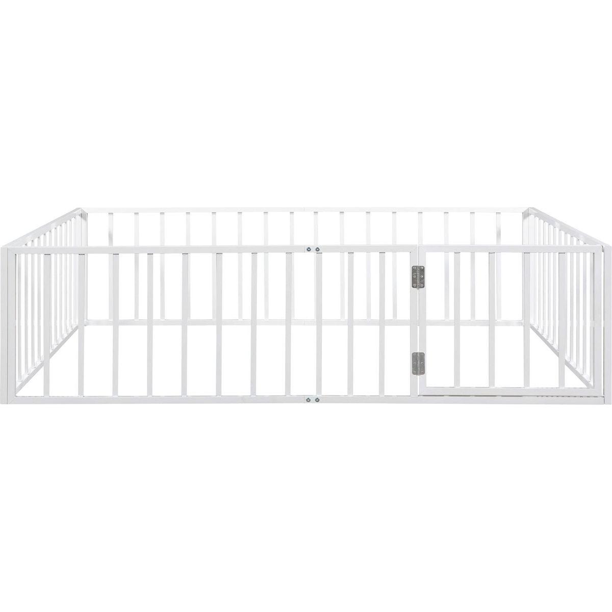 Queen Size Metal Floor Bed Frame with Fence and Door, White