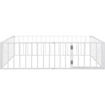 Queen Size Metal Floor Bed Frame with Fence and Door, White