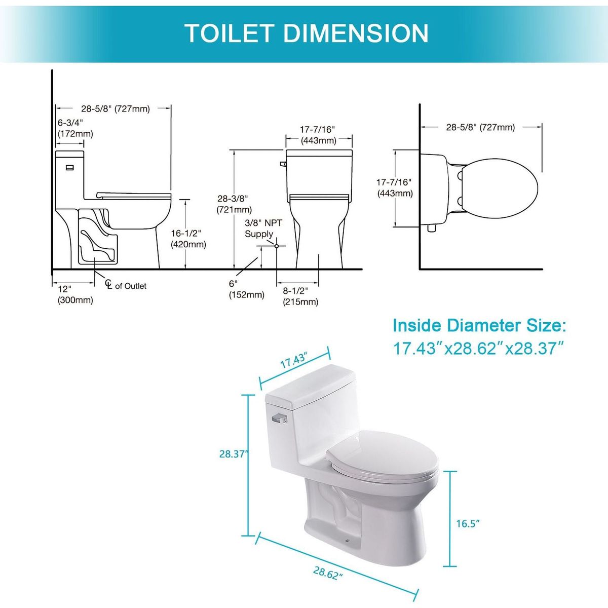 Ceramic One Piece Toilet, Single Flush with Soft Clsoing Seat