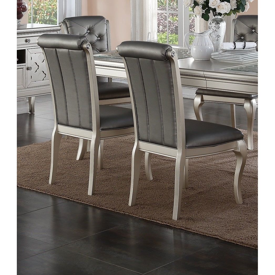 Luxury Antique Silver Wooden Set of 2 Dining Side Chairs Grey Faux Leather / PU Tufted Upholstered Cushion Chairs